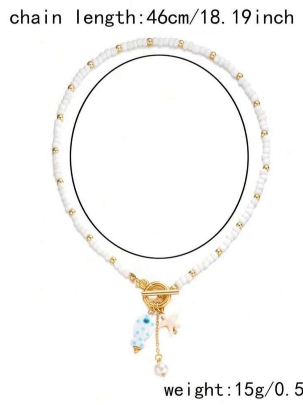 Beach Charm Choker Necklace White Beads Fish Starfish Pearl Gold Tone - Picture 4 of 4